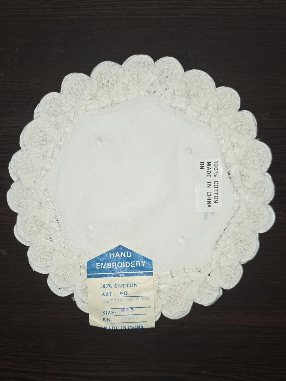 Hand Embroidery White Cotton Lace Doily - Classic Home Dining Accent Set of 6